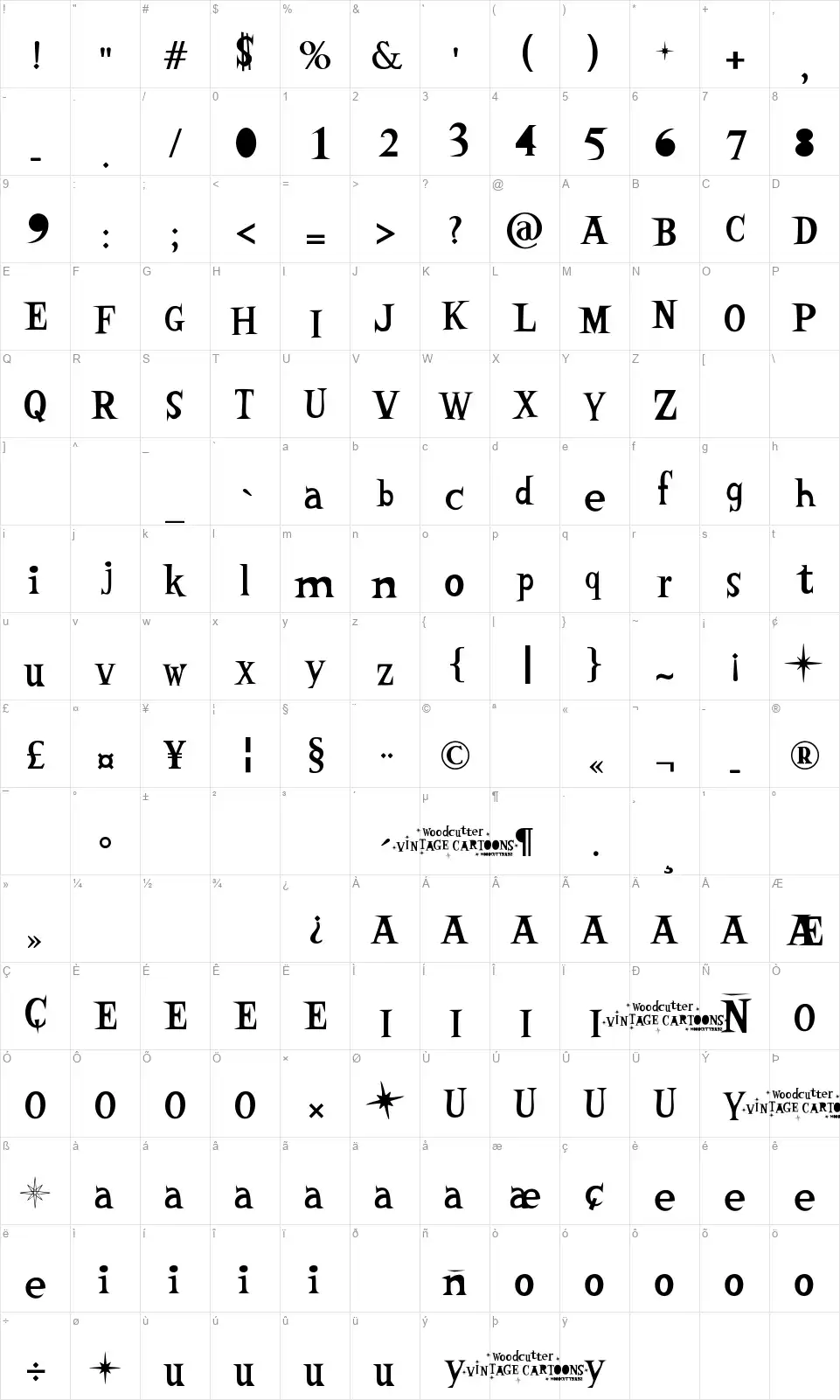 Woodcutter Vintage Cartoonfont character map