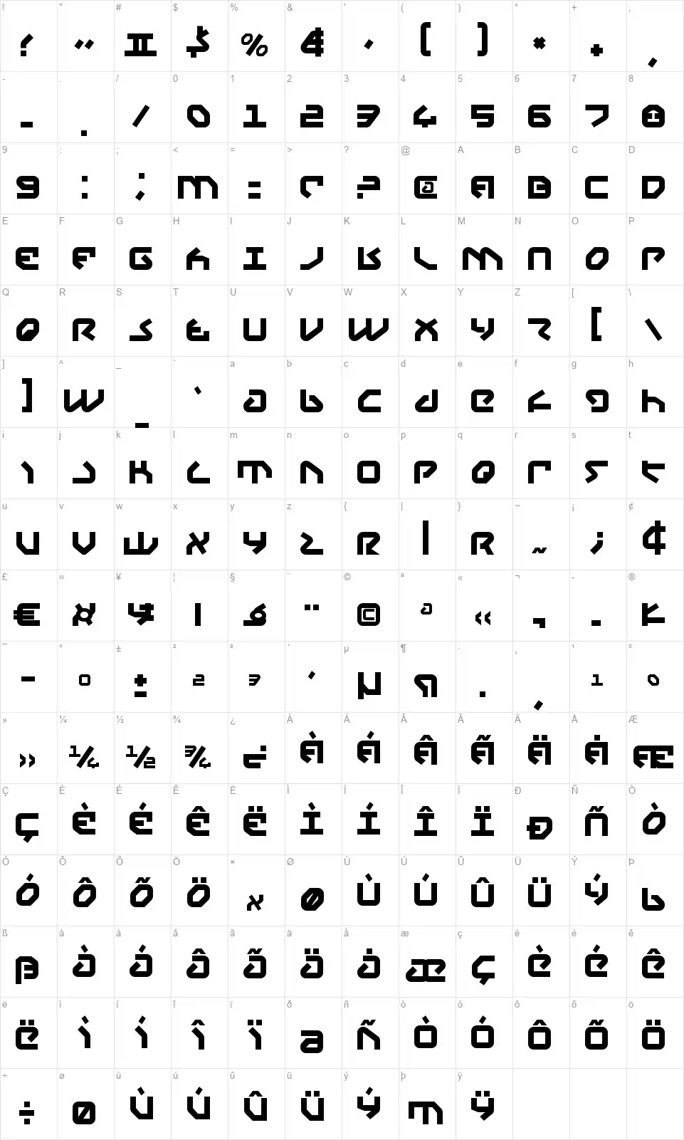 Yahrenfont character map