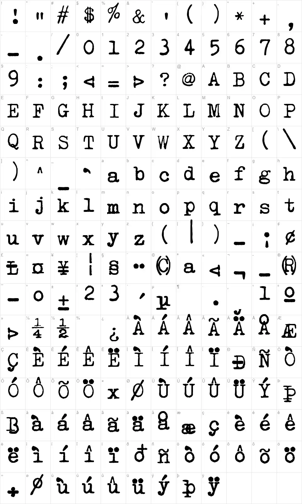 zai Olivetti-Underwood Studio 21 Typewriterfont character map