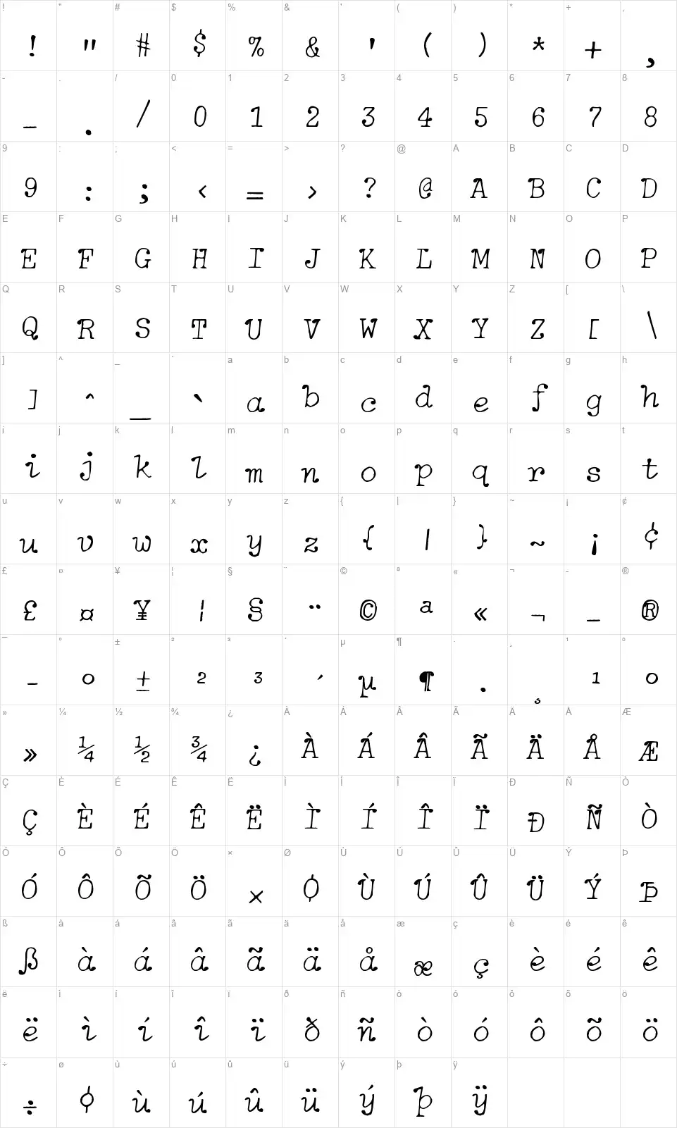 zai Soft Italic Typewriterfont character map