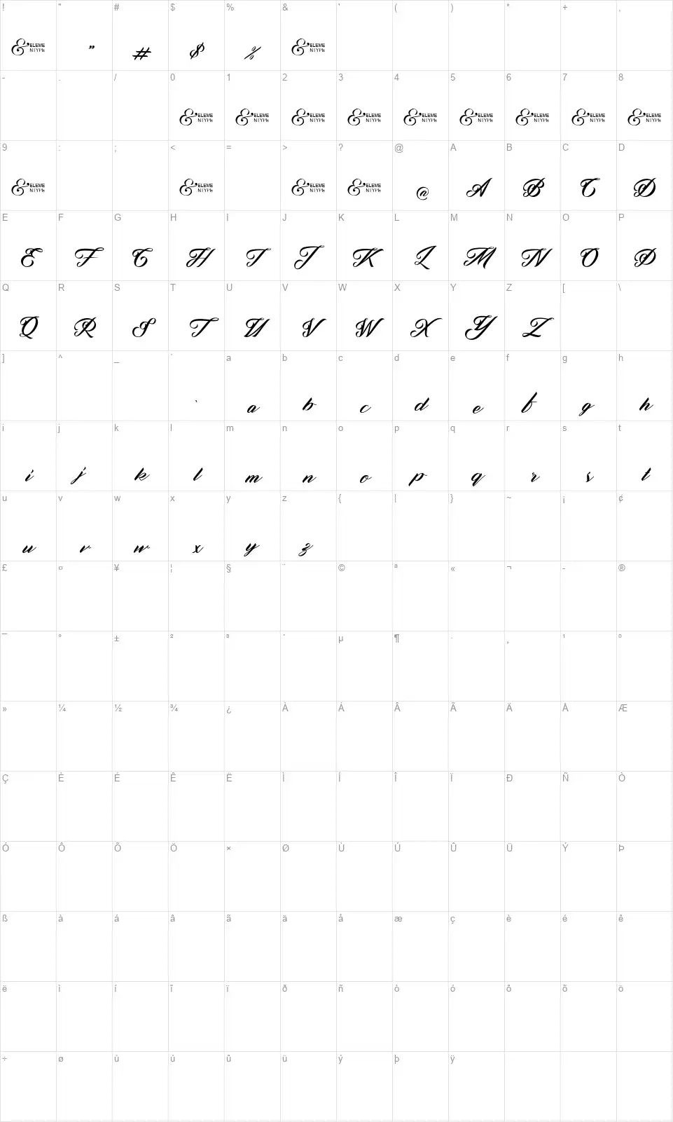 Zephanfont character map