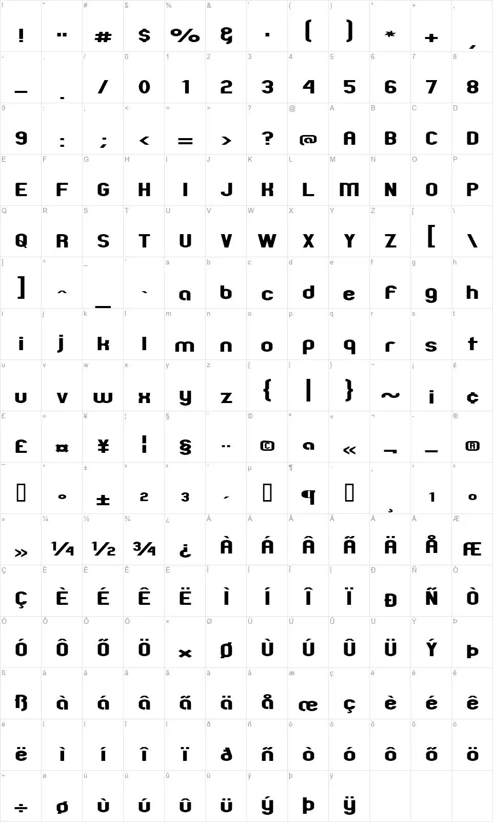 Zillah Modernfont character map